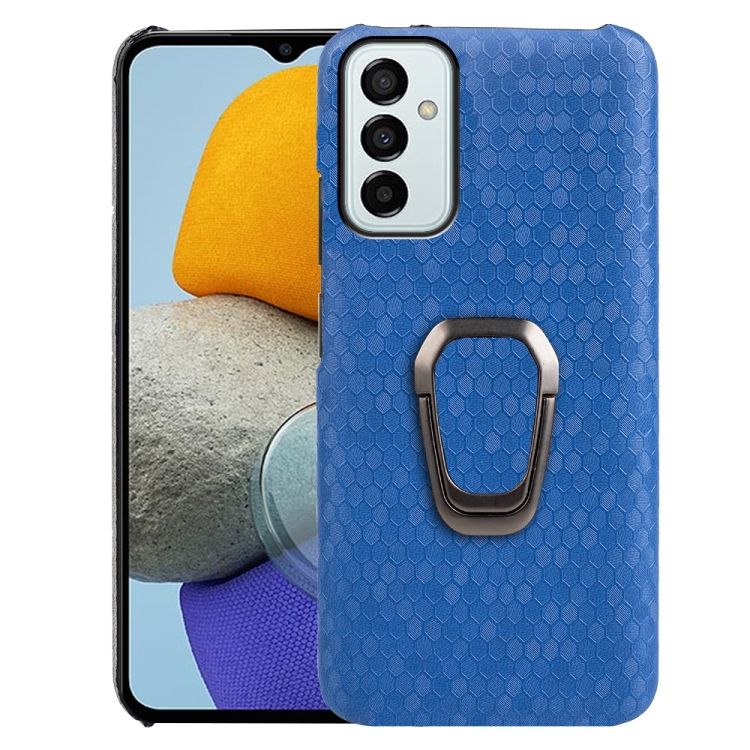 

For Samsung Galaxy M23 5G / F23 5G Ring Holder Honeycomb PU Skin Phone Case(Navy Blue)