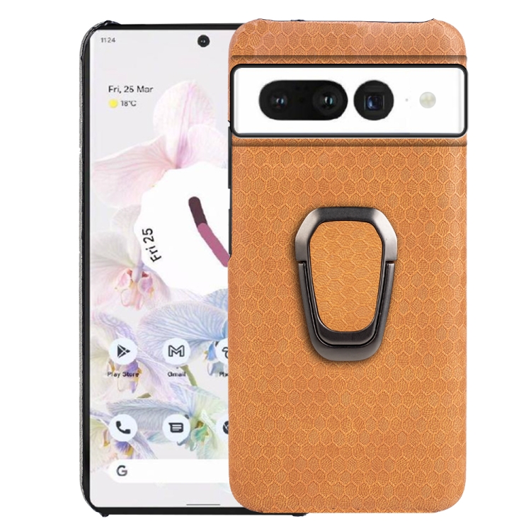 

For Google Pixel 7 Pro Ring Holder Honeycomb PU Skin Phone Case(Orange)