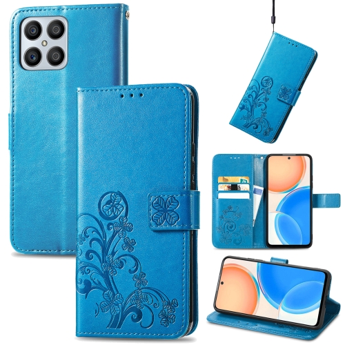 

For Honor X8 4G Four-leaf Clasp Embossed Buckle Leather Phone Case(Blue)