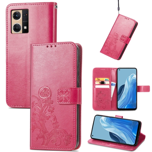 

For OPPO Reno7 4G Four-leaf Clasp Embossed Buckle Leather Phone Case(Rose Red)