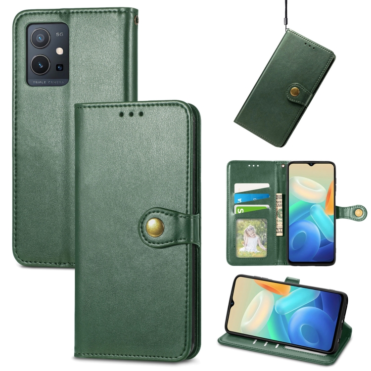 

For vivo Y55 5G Retro Solid Color Buckle Leather Phone Case(Green)