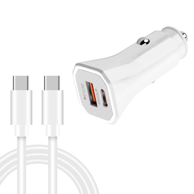

TE-P22 38W PD USB-C / Type-C + QC3. 0 USB Car Charger with 1m USB-C / Type-C to USB-C / Type-C Data Cable(White)