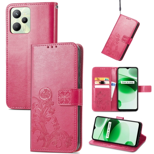 

For OPPO Realme C35 Four-leaf Clasp Embossed Buckle Leather Phone Case(Magenta)