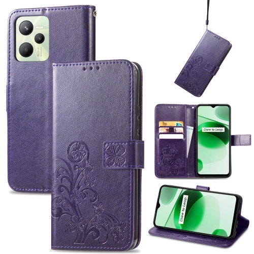 

For OPPO Realme C35 Four-leaf Clasp Embossed Buckle Leather Phone Case(Purple)