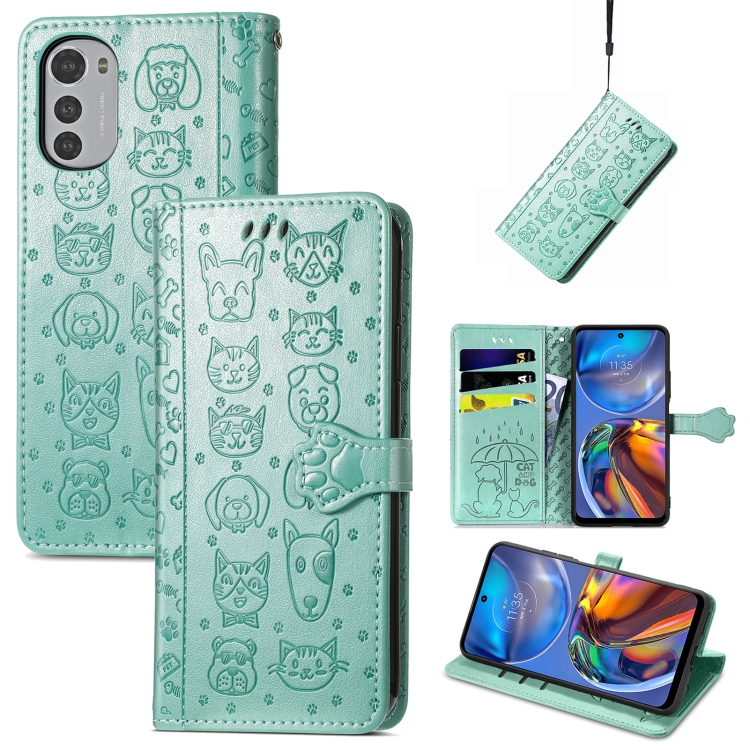 

For Motorola Moto E32 Cute Cat and Dog Embossed Flip Leather Phone Case(Green)