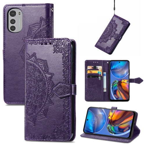 

For Motorola Moto E32 Mandala Flower Embossed Horizontal Flip Leather Phone Case(Purple)