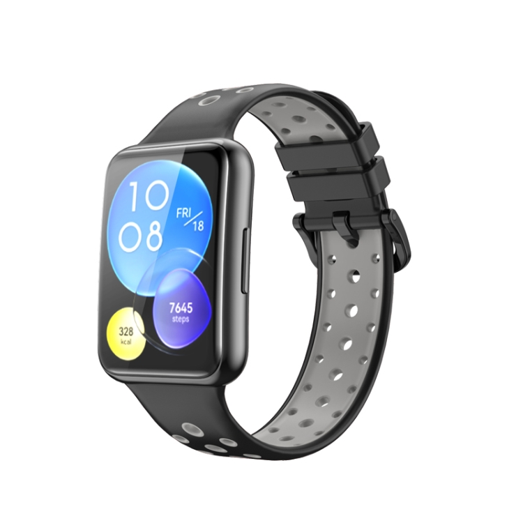 

For Huawei Watch Fit 2 Two-Color Perforated Silicone Watch Band(Black+Grey)