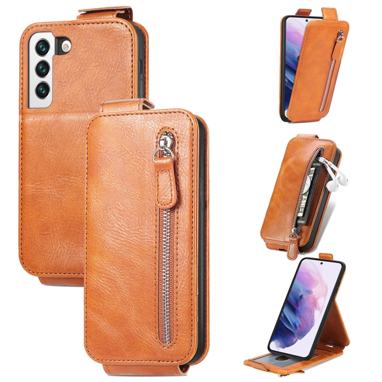 

For Samsung Galaxy S22 5G Zipper Wallet Vertical Flip Leather Phone Case(Brown)