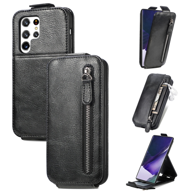 

For Samsung Galaxy S22 Ultra 5G Zipper Wallet Vertical Flip Leather Phone Case(Black)