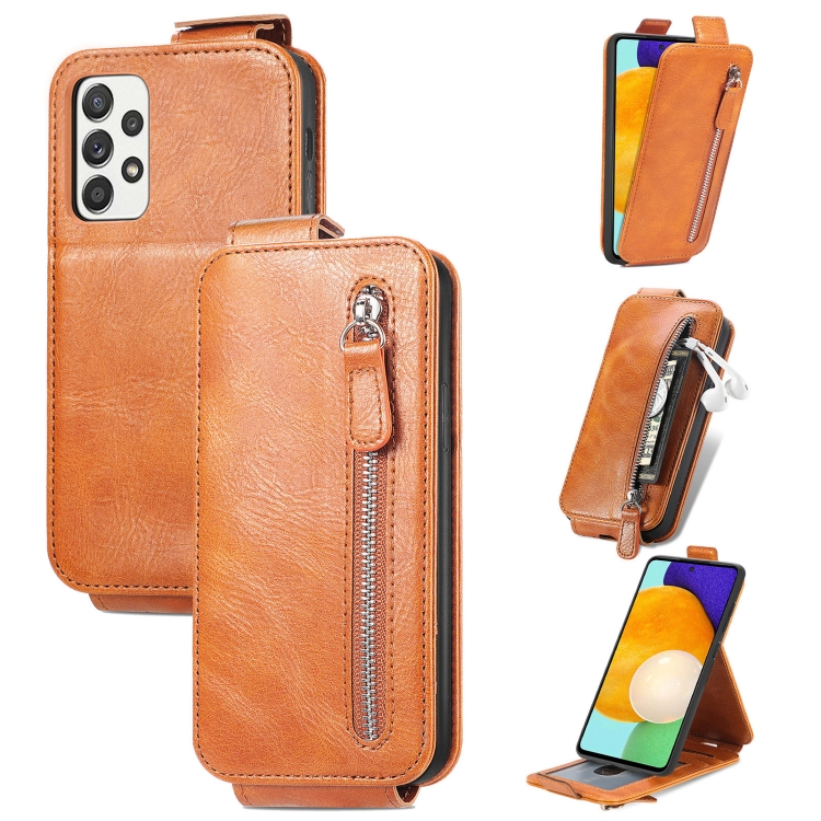 

For Samsung Galaxy A52 5G / 4G Zipper Wallet Vertical Flip Leather Phone Case(Brown)