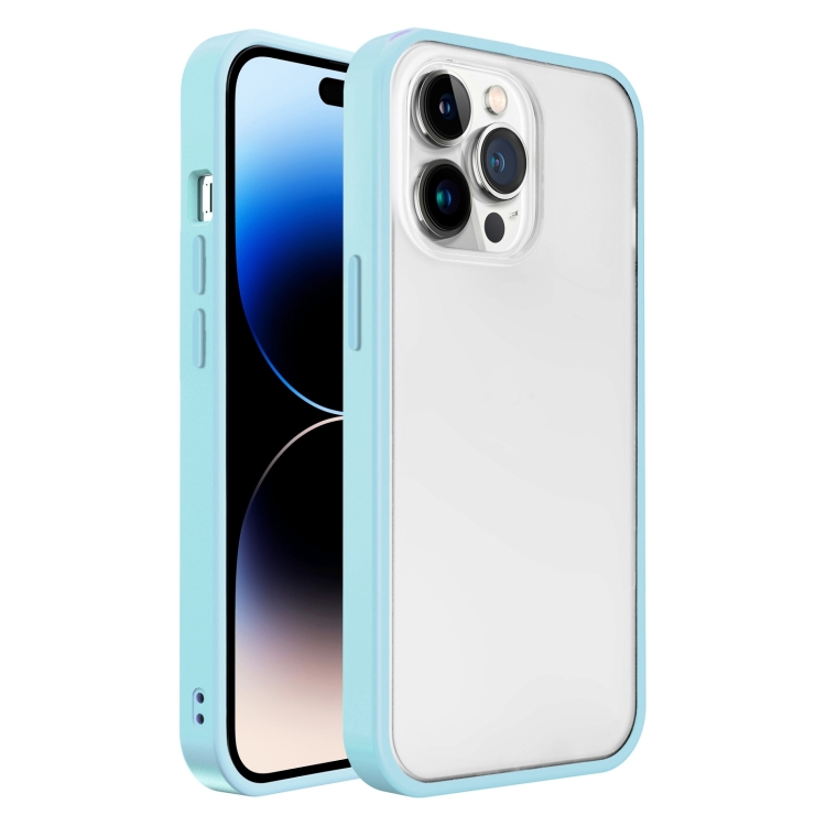 

Frosted Skin Feel PC Contrast Color Button Phone Case For iPhone 14 Pro(Light Blue)