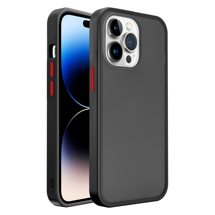 

Frosted Skin Feel PC Contrast Color Button Phone Case For iPhone 14 Pro Max(Black+Red)