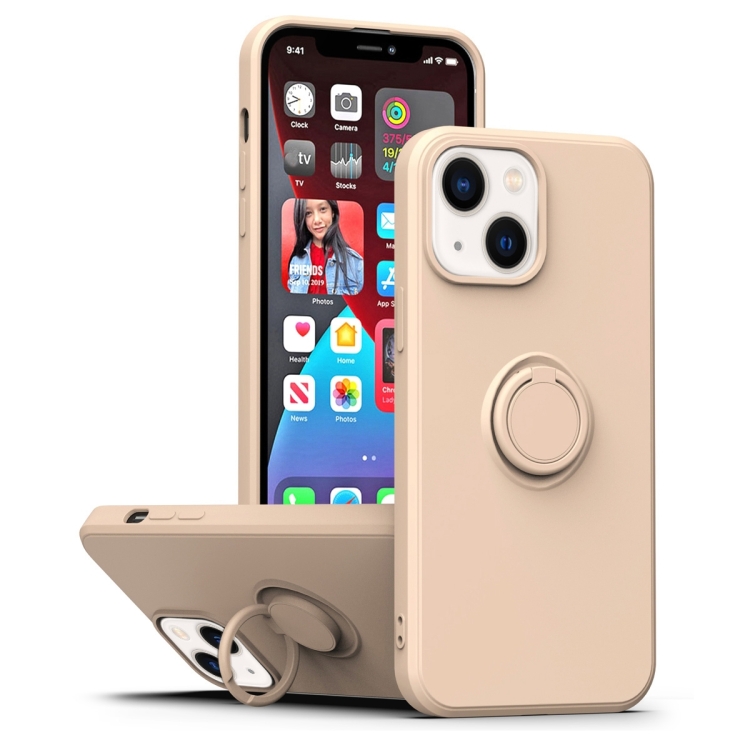 

For iPhone 14 Ring Kickstand Silicone Phone Case (Pink)