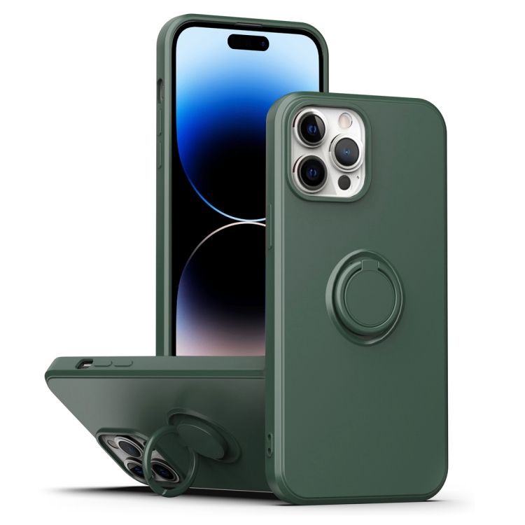 

Ring Kickstand Silicone Phone Case For iPhone 14 Pro Max(Army Green)