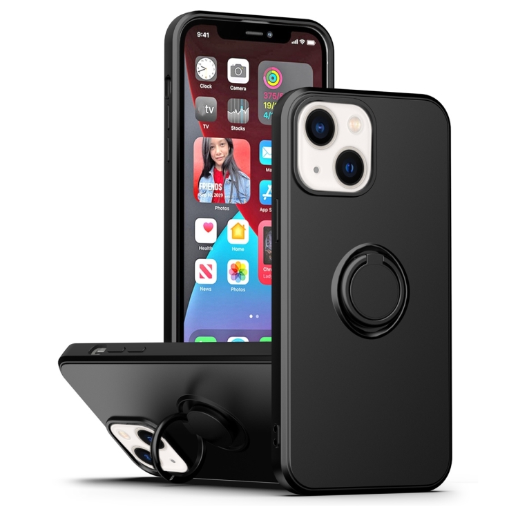 

For iPhone 14 Plus Ring Kickstand Silicone Phone Case (Black)