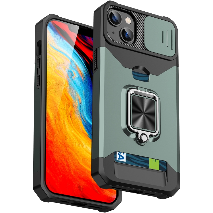 

Sliding Camshield Card Slot Ring Kickstand Phone Case For iPhone 14(Green)