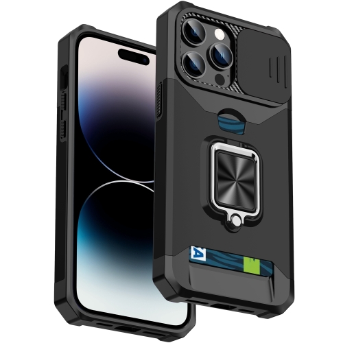 

For iPhone 14 Pro Sliding Camshield Card Slot Ring Kickstand Phone Case(Black)