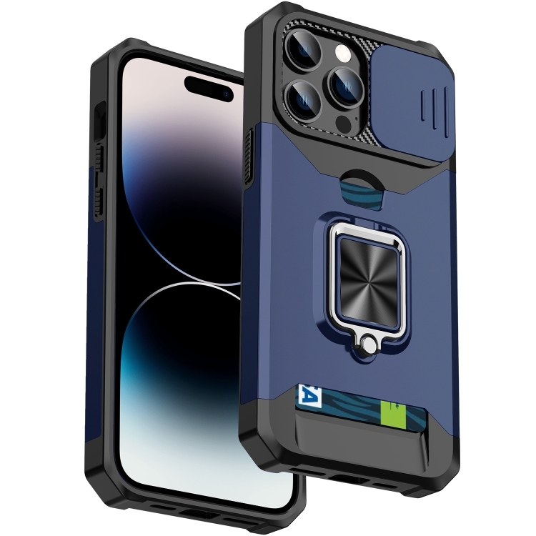 

Sliding Camshield Card Slot Ring Kickstand Phone Case For iPhone 14 Pro(Blue)