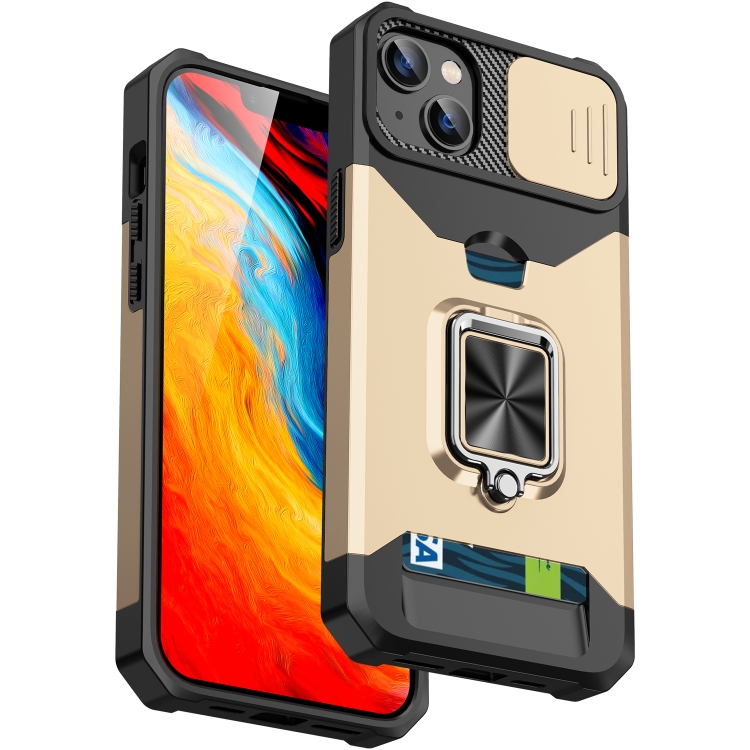 

Sliding Camshield Card Slot Ring Kickstand Phone Case For iPhone 14 Max(Gold)