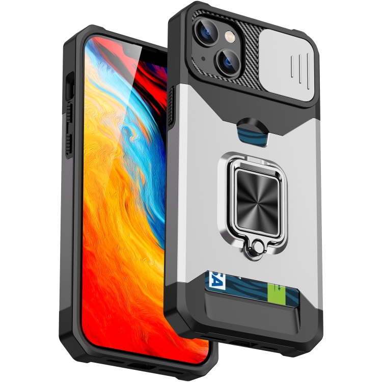 

For iPhone 14 Plus Sliding Camshield Card Slot Ring Kickstand Phone Case (Silver)