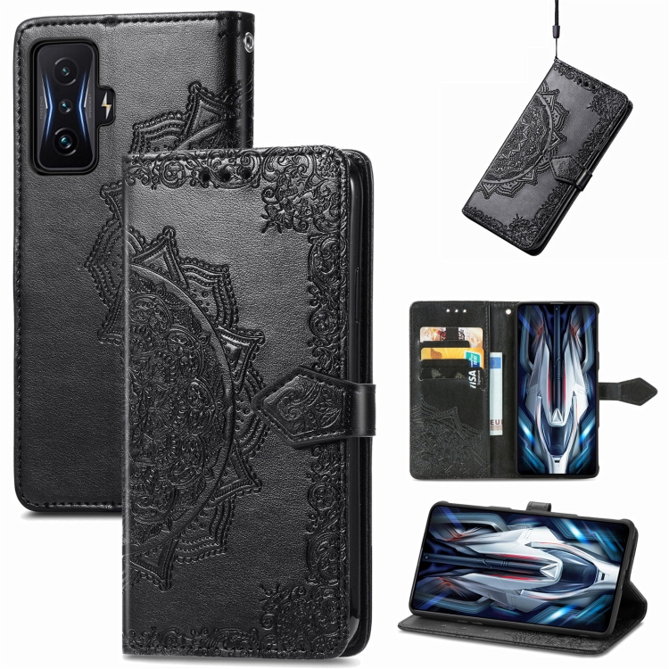 

For Xiaomi Redmi K50 Gaming Mandala Flower Embossed Horizontal Flip Leather Phone Case(Black)