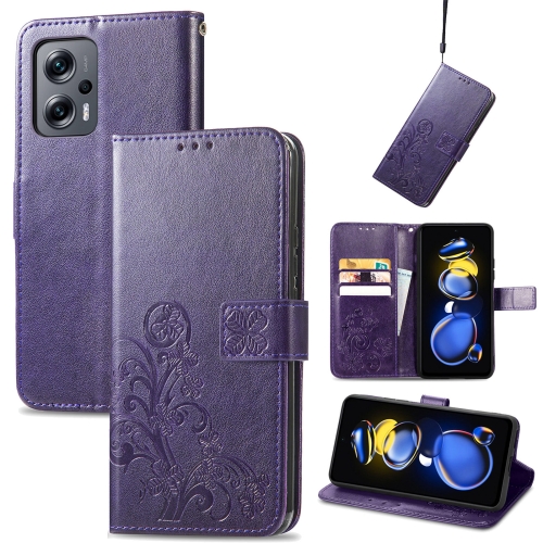 

For Xiaomi Redmi Note 11T 5G Four-leaf Clasp Embossed Buckle Flip Leather Phone Case(Purple)