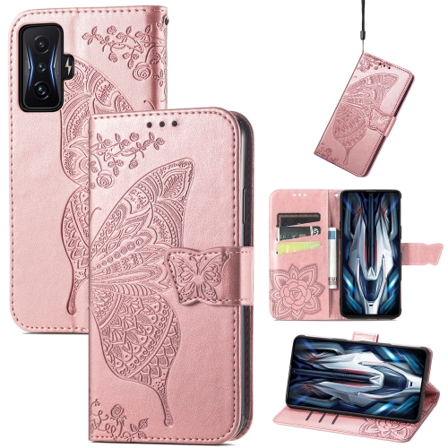 

For Xiaomi Redmi K50 Gaming Butterfly Love Flower Embossed Horizontal Flip Leather Phone Case(Rose Gold)