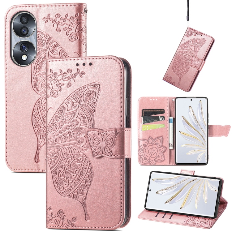 

For Honor 70 Butterfly Love Flower Embossed Horizontal Flip Leather Phone Case(Rose Gold)
