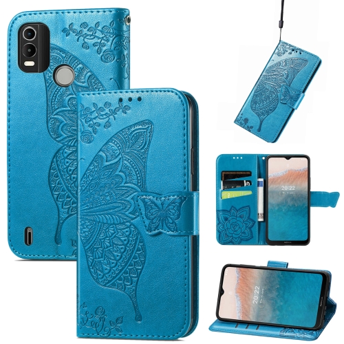 

For Nokia C21 Plus Butterfly Love Flower Embossed Horizontal Flip Leather Phone Case(Blue)