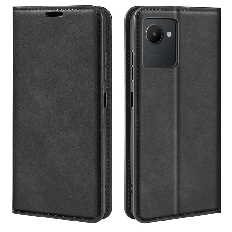 

For OPPO Realme C30 4G Retro-skin Magnetic Suction Leather Phone Case(Black)
