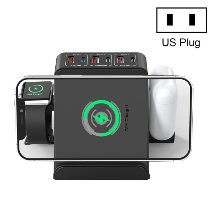 

F8 80W 9 in 1 PD3.0 + QC3.0 + 15W Wireless Charging Multifunction Charger US Plug(Black)