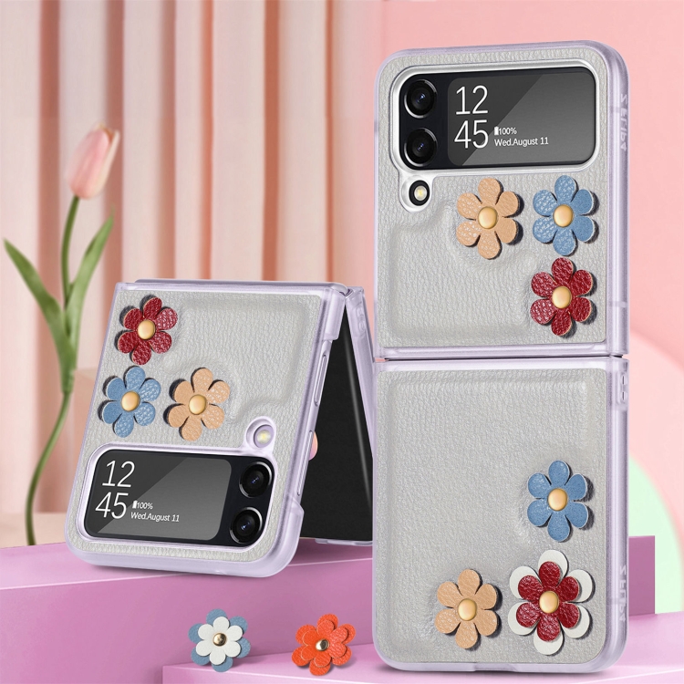 

For Samsung Galaxy Z Flip4 3D Flower PC Leather Folding Leather Phone Case(Grey)