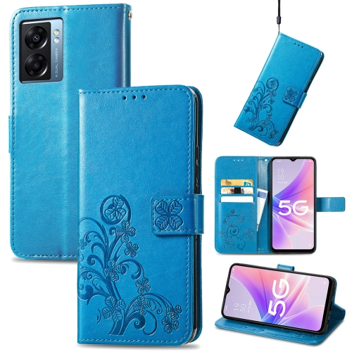 

For OPPO A57 5G Four-leaf Clasp Embossed Buckle Leather Phone Case(Blue)