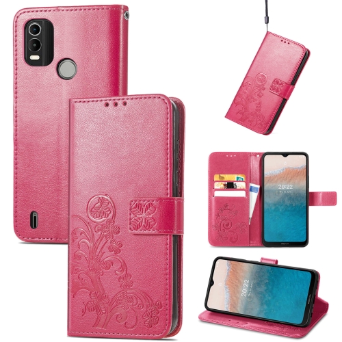 

For Nokia C21 Plus Four-leaf Clasp Embossed Buckle Leather Phone Case(Rose Red)