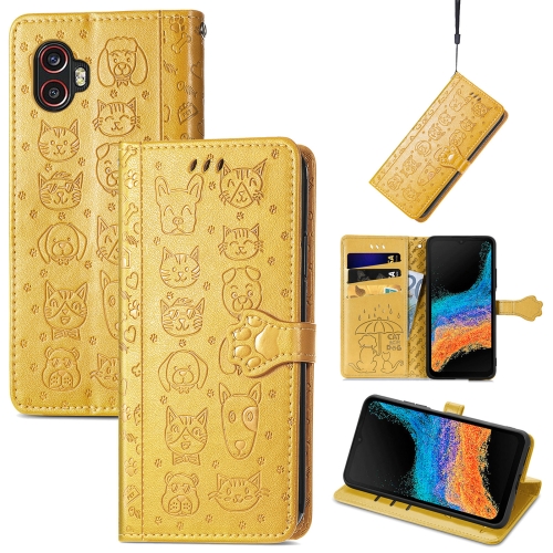 

For Samsung Galaxy Xcover6 Pro Cute Cat and Dog Embossed Leather Phone Case(Yellow)