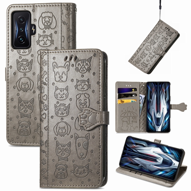 

For Xiaomi Redmi K50 Gaming Cute Cat and Dog Embossed Leather Phone Case(Gray)