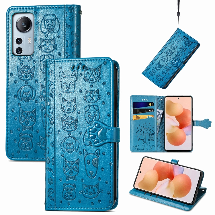 

For Xiaomi 12 Lite Cute Cat and Dog Embossed Leather Phone Case(Blue)
