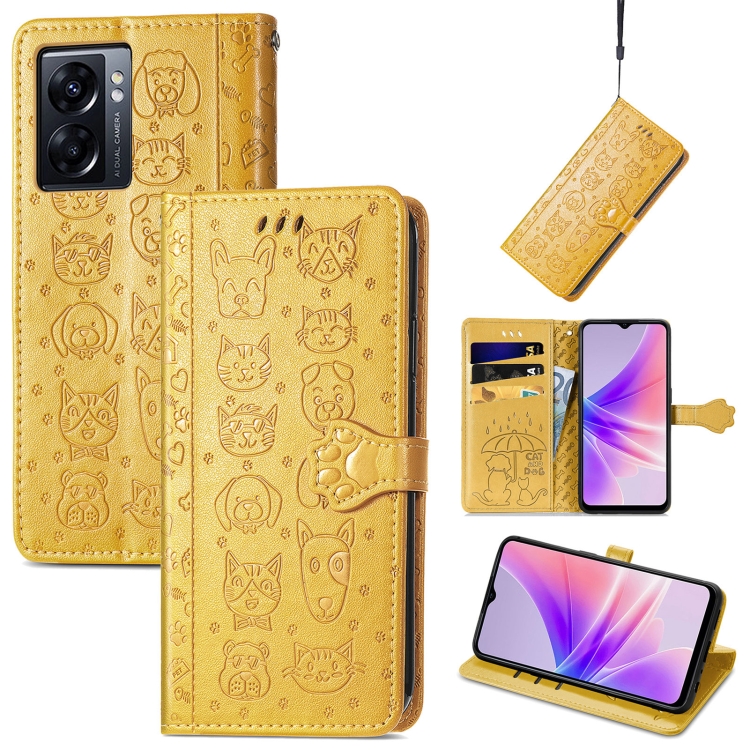 

For OPPO A77 Cute Cat and Dog Embossed Horizontal Flip Leather Case(Yellow)