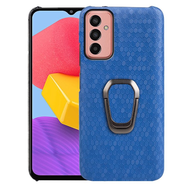 

For Samsung Galaxy M13 4G Ring Holder Honeycomb PU Phone Case(Navy Blue)