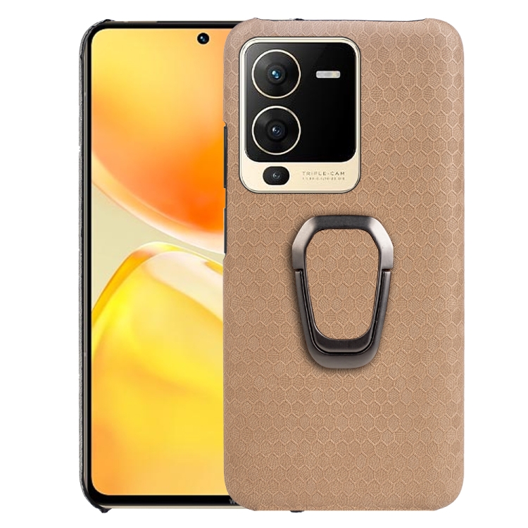

For vivo S15 Ring Holder Honeycomb PU Phone Case(Coffee)