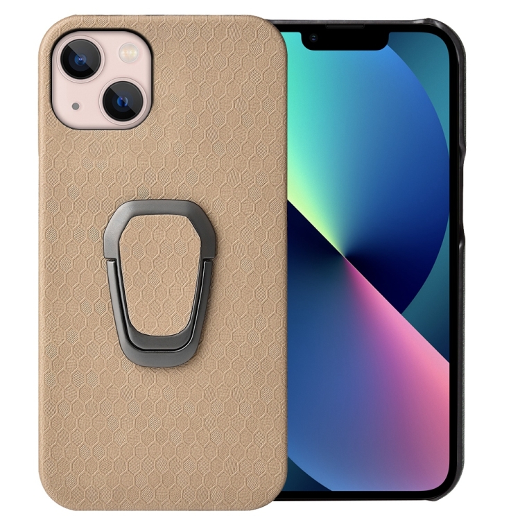 

Ring Holder Honeycomb PU Phone Case For iPhone 14(Coffee)
