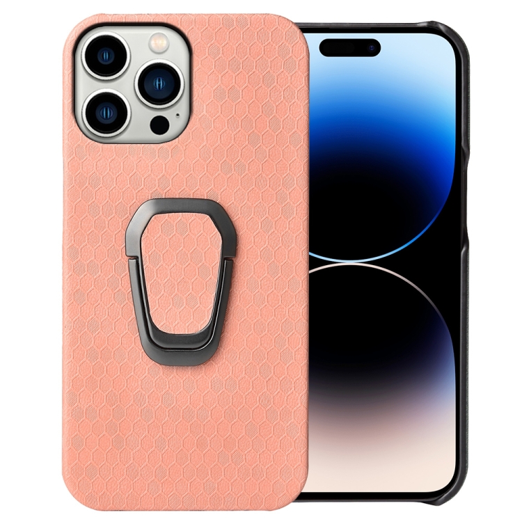 

For iPhone 14 Pro Max Ring Holder Honeycomb PU Phone Case (Pink)