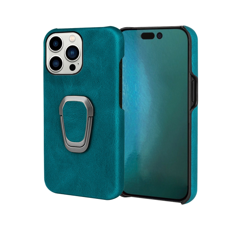 

Ring Holder PU Phone Case For iPhone 14 Pro(Cyan)
