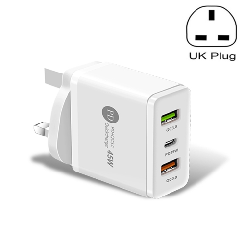 

45W PD3.0 + 2 x QC3.0 USB Multi Port Quick Charger, UK Plug(White)