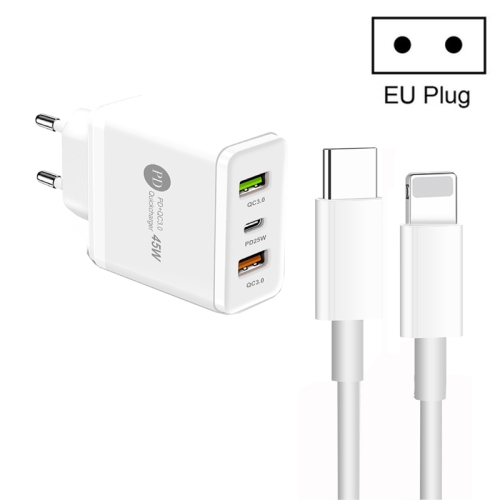 

45W PD3.0 + 2 x QC3.0 USB Multi Port Charger with Type-C to 8 Pin Cable, EU Plug(White)