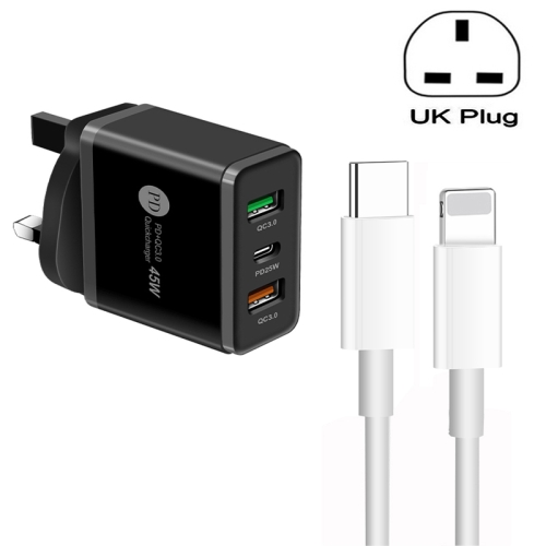

45W PD3.0 + 2 x QC3.0 USB Multi Port Charger with Type-C to 8 Pin Cable, UK Plug(Black)