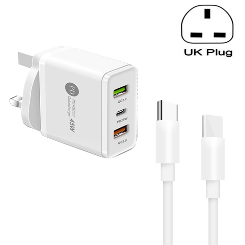 

45W PD3.0 + 2 x QC3.0 USB Multi Port Charger with Type-C to Type-C Cable, UK Plug(White)
