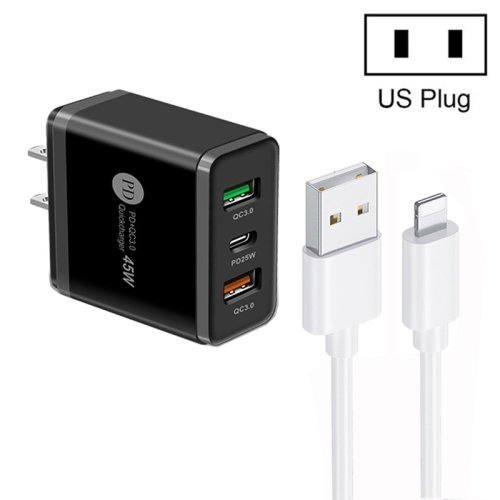 

45W PD25W + 2 x QC3.0 USB Multi Port Charger with USB to 8 Pin Cable, US Plug(Black)