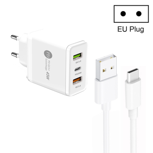 

45W PD25W + 2 x QC3.0 USB Multi Port Charger with USB to Type-C Cable, EU Plug(White)