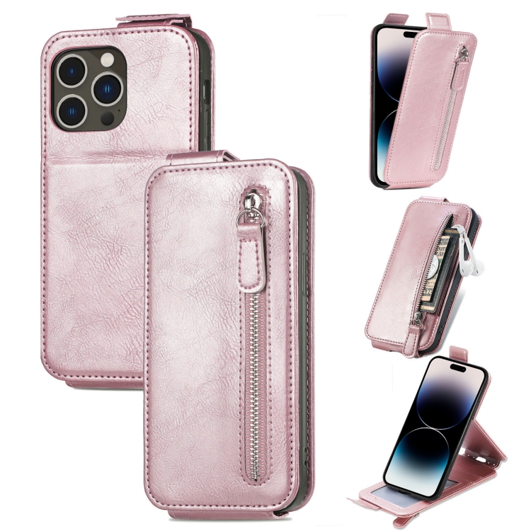

For iPhone 14 Pro Max Zipper Wallet Vertical Flip Leather Phone Case(Pink)
